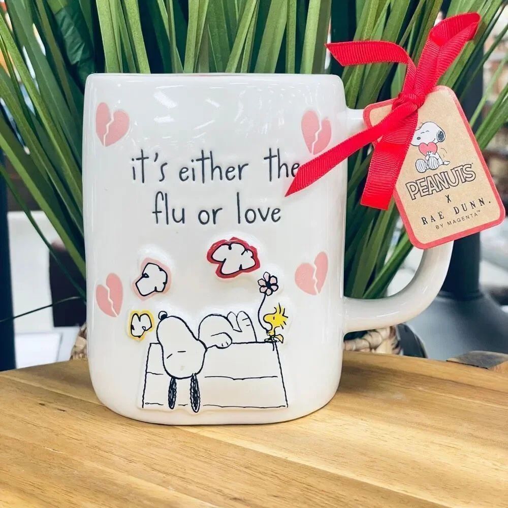 NWT Gorgeous Rae Dunn Peanuts It's either the flu or love Double Sided Pink Mug